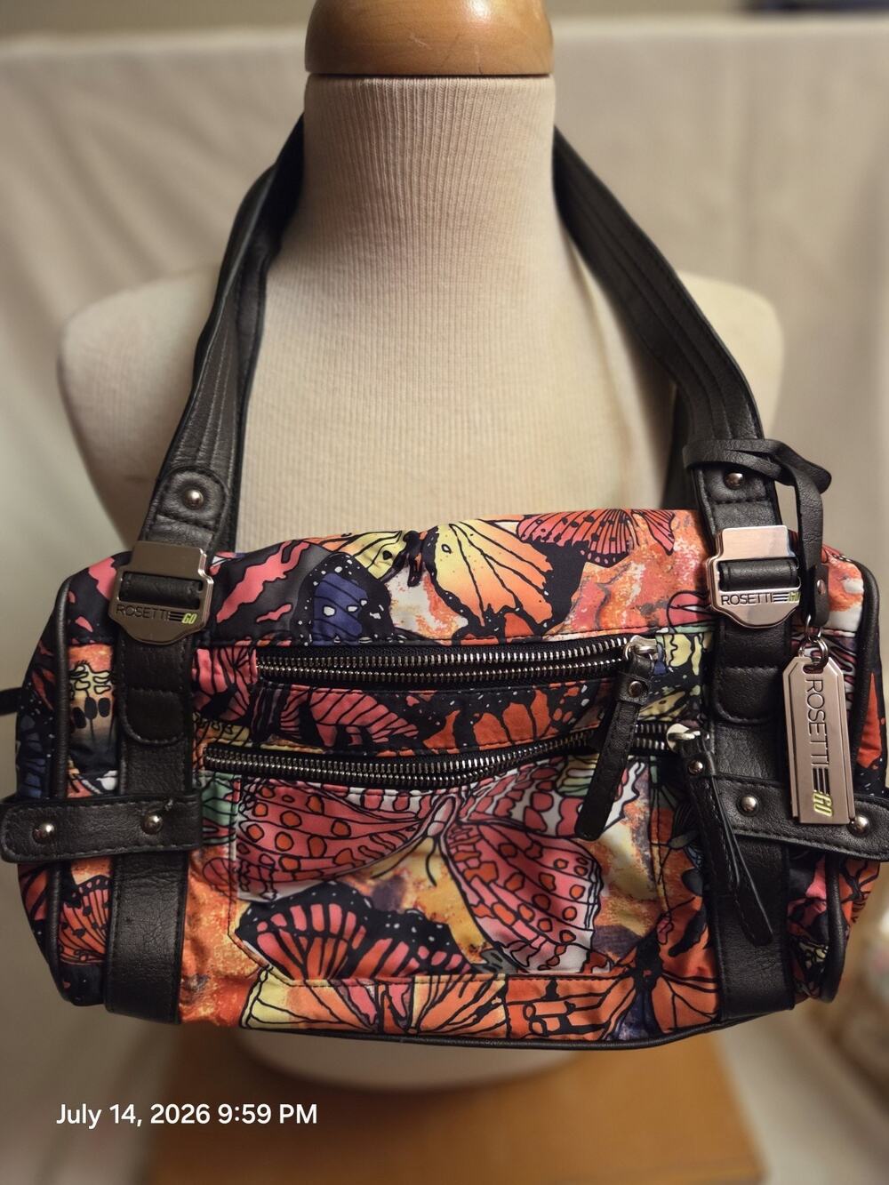 Rosetti Multicolor Butterfly Satchel Top Handle Bag Black Straps Zip Pockets